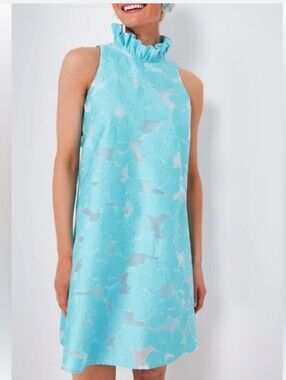 Tuckernuck Aqua Blue Floral Jacquard Ruffle-Neck Mini Dress